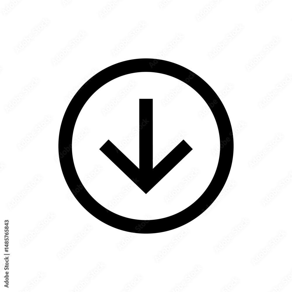 Black arrow pointing down enclosed within a black circle on a white background indicating directionality Black arrow pointing down enclosed within a black circle on a white background indicating directionality