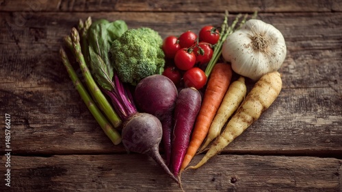 Fresh vegetables arranged in a heart shape on a wooden table, celebrating natural love and wholesome living