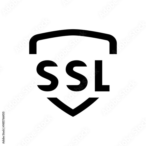 Illustration of an ssl security certificate icon with a shield shape and bold letters in black and white style