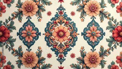 Intricate floral damask pattern in muted tones, antique, seamless, leaf