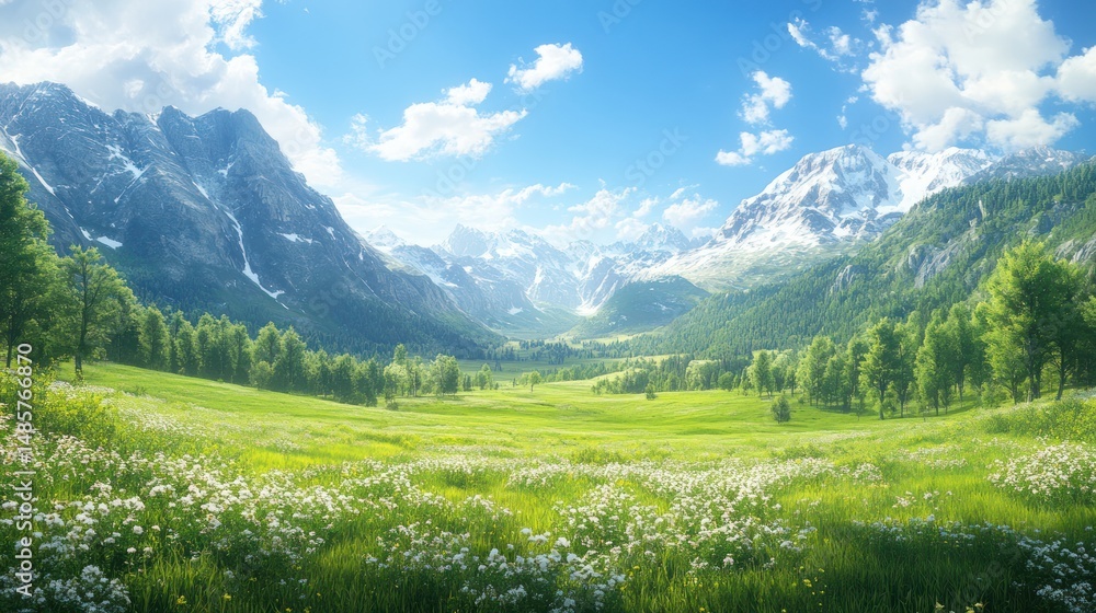 Fototapeta premium Sunny alpine meadow valley. Scenic landscape. Possible use Stock photo