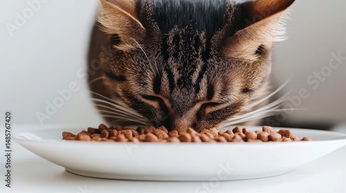 Cute tabby cat enjoying a meal from a white plate in a cozy indoor setting