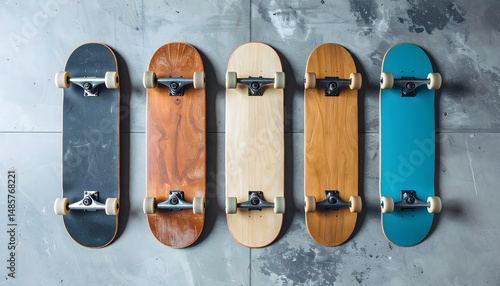 a set of six skateboards lined up in a row, each with a distinct design on their tops