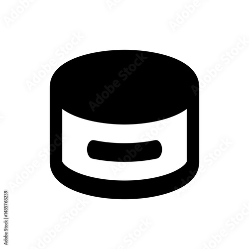 Illustration of a black and white hockey puck with a distinct line across the center section design