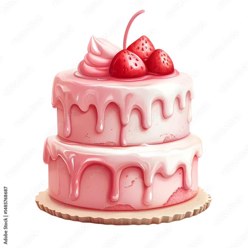 Two-tiered cake, visually appealing, with pink frosting, white whipped cream, and red strawberries, drizzled with icing. Appetizing and inviting. Two-tiered cake, visually appealing, with pink frosting, white whipped cream, and red strawberries, drizzled with icing. Appetizing and inviting.
