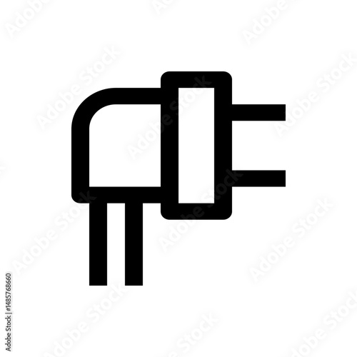 Illustration of a black electrical plug with two prongs and a thick cord on a white background design element