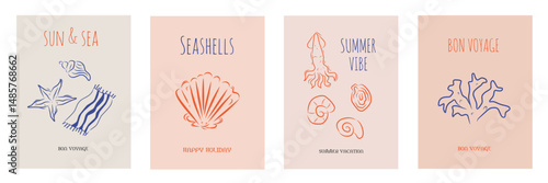 Hand drawn la dolce vita doodles. Wall art with seashells, seafood object. Minimalist line art. Set of mediterranean concept vector illustration for invitations, printables, social media, poster.
