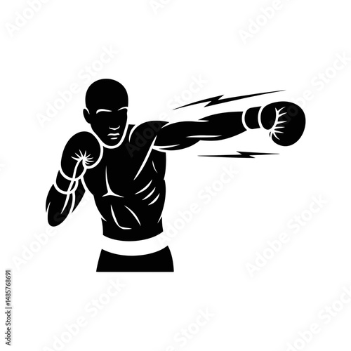 A muscular boxer delivers a powerful punch, emphasized by dynamic lines suggesting movement.