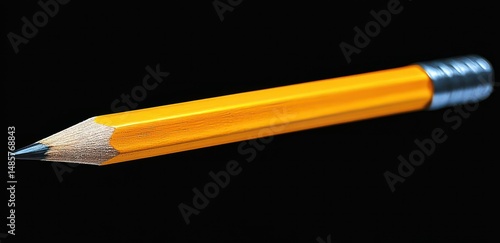 Close-up of a sharpened yellow pencil with a silver eraser ferrule against a black background