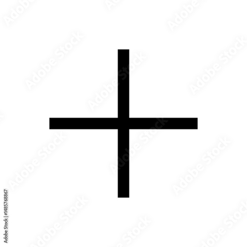 Illustration of a simple black plus sign with horizontal and vertical bars centered on a white background