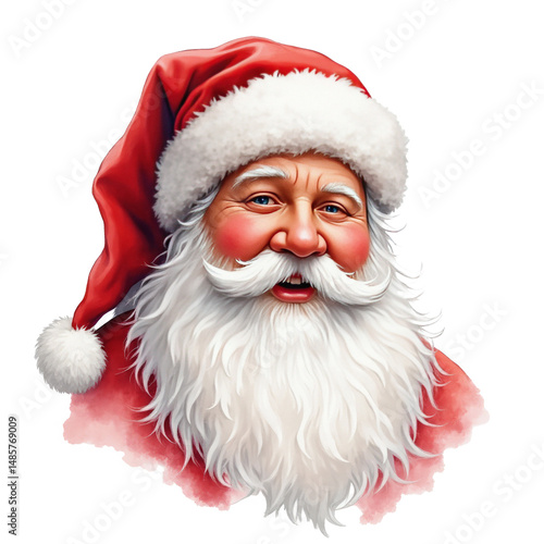 Jolly Santa Claus portrait smiling in traditional red hat and fluffy white beard.