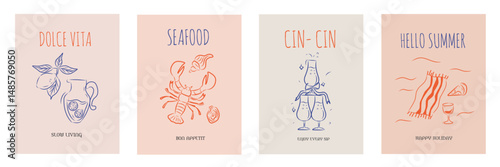 Hand drawn la dolce vita doodles. Wall art with lobster, wine, lemon object. Minimalist line art. Set of mediterranean concept vector illustration for invitations, printables, social media, poster.