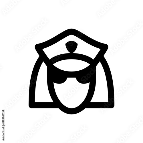 Illustration of a female police officer with sunglasses and a hat in a bold outline style icon design
