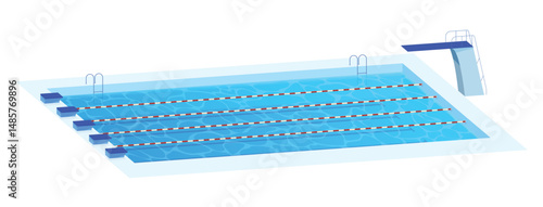Illustration of a sports pool equipped with marked lanes and a diving board. The pool is depicted on a minimalist white background, highlighting its features.