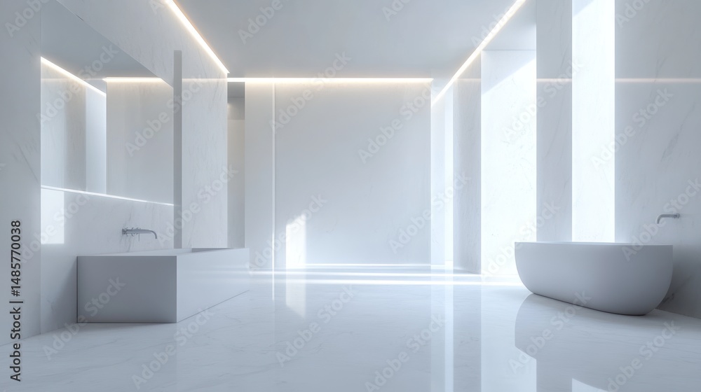 Modern Minimalist All-White Bathroom Interior Design with Sleek Fixtures and Bright Lighting Modern Minimalist All-White Bathroom Interior Design with Sleek Fixtures and Bright Lighting