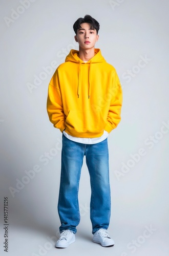 Young Asian handsome man in yellow hoodie and blue denim pants on plain background.
