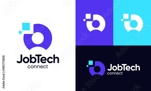 Job tech logo design. Technology human concept vector design with digital pixel symbol graphic icon