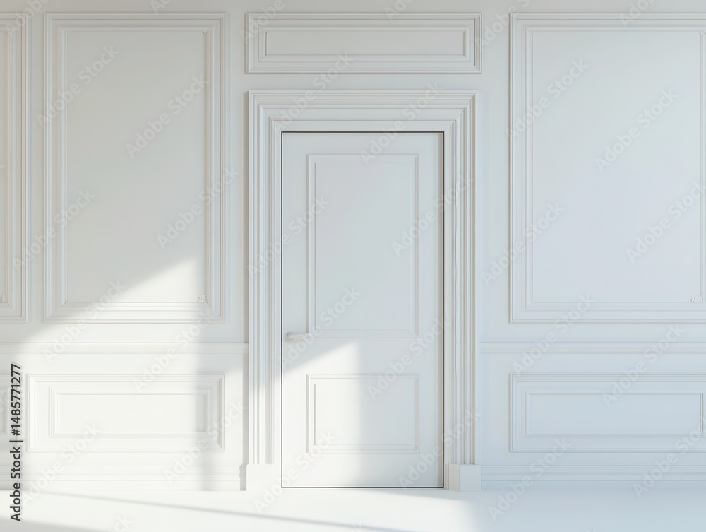 Sunlit white room with paneled walls and closed door Sunlit white room with paneled walls and closed door