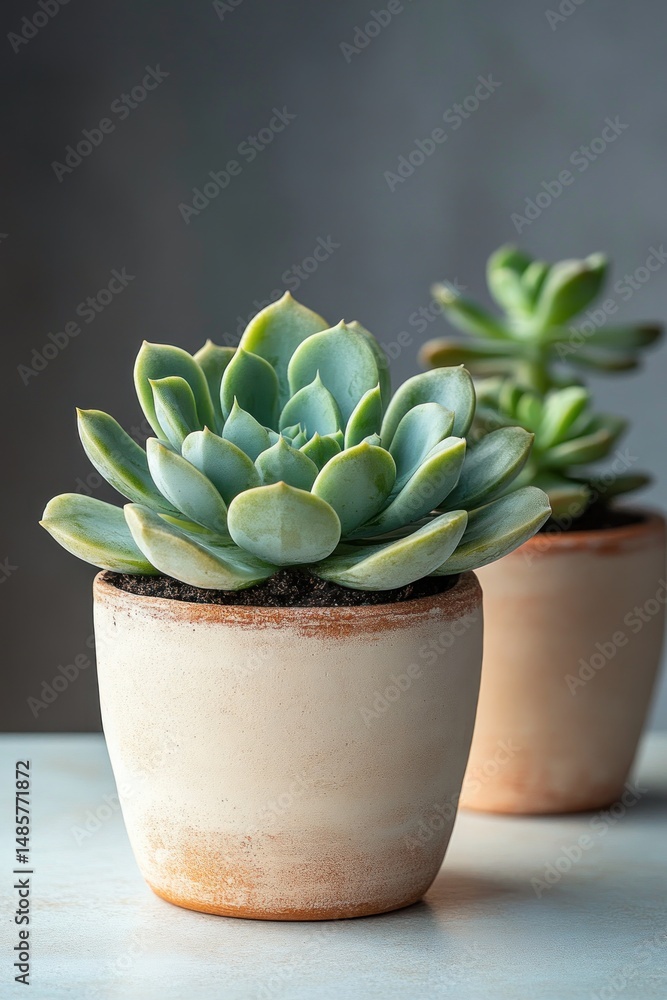 two green succulent plants in rustic beige ceramic pots with soft focused background two green succulent plants in rustic beige ceramic pots with soft focused background