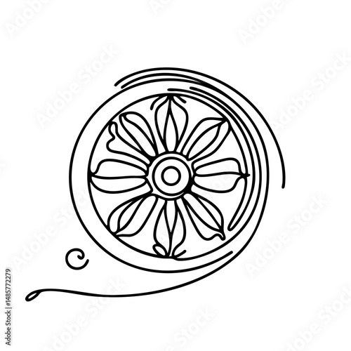 Simple line drawing of Dharma wheel with floral pattern  