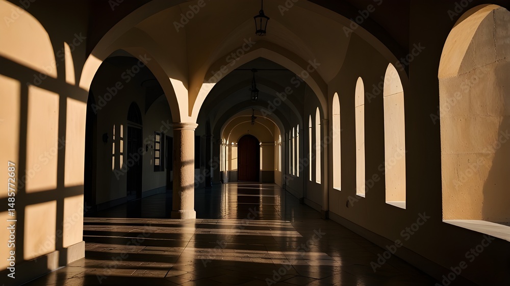 Obraz premium An arched hallway with geometric shadows 