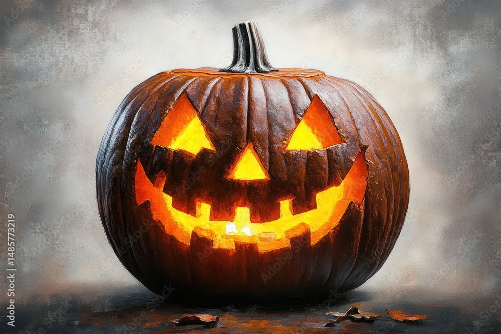 glowing carved pumpkin with triangular eyes and jagged smiling mouth placed on dark surface with soft background glowing carved pumpkin with triangular eyes and jagged smiling mouth placed on dark surface with soft background