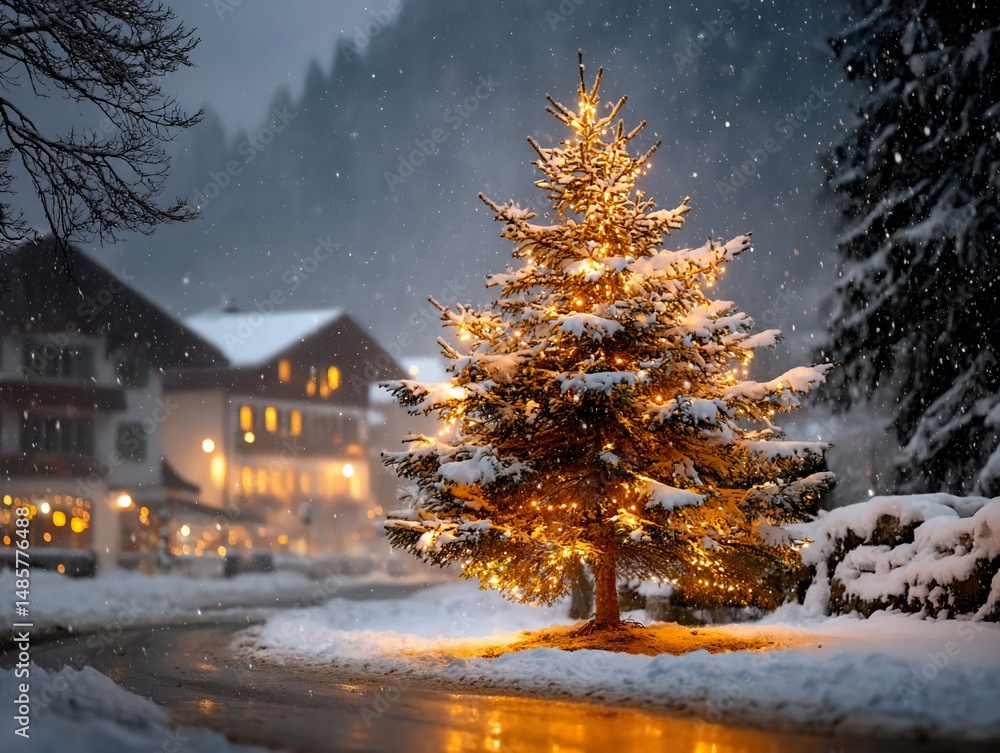 Fototapeta premium Glistening Christmas tree in snowy village square