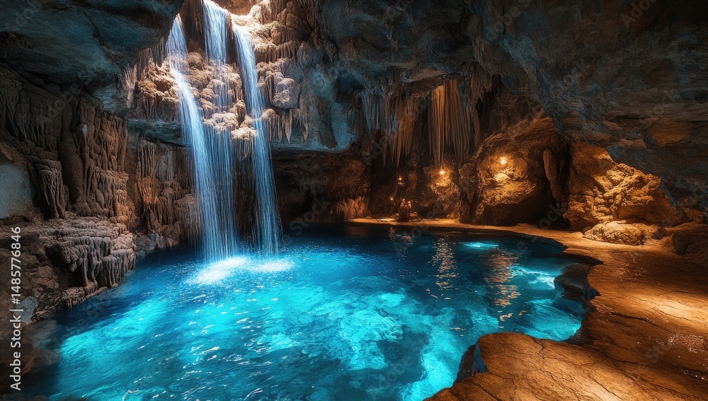 Naklejka premium Waterfall cascading into a cavern pool