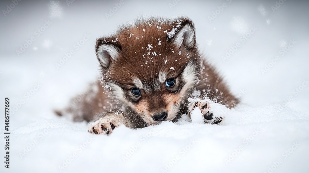 Obraz premium Adorable snow-covered puppy playing in the winter.