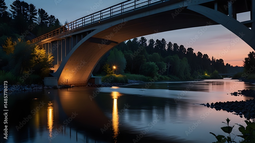 Naklejka premium A modern bridge crossing a quiet river at dusk 