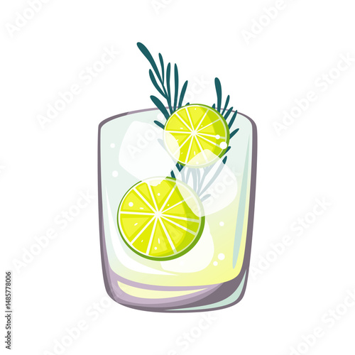 Classic alcoholic cocktail gin and tonic.Refreshing drink with lime and ice.Vector illustration isolated on a white background.	
