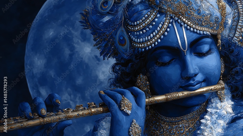 Obraz premium Serene Krishna Moonlight Flute Melody.