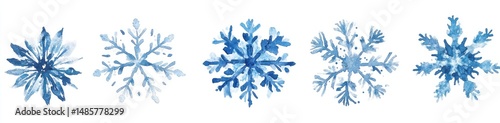Four stylized, light-blue watercolor snowflakes