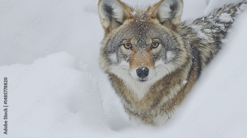 Naklejka premium Close-up view of a coyote in a snowy landscape.