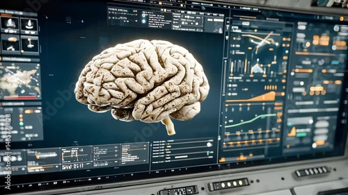 A digital brain model displayed on a high-tech screen filled with data charts and futuristic interface elements