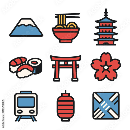 Tokyo icon set showing Mount Fuji, sushi, ramen, cherry blossom, and pagoda, designed in flat vector style with 3-color scheme and transparent background.