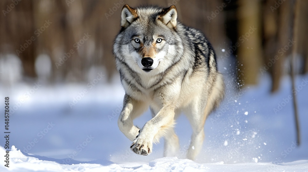 Naklejka premium Gray wolf in motion across snowy forest floor.