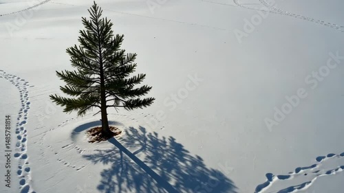 A lone small tree standing on snowy land with shadow under sunlight, symbolizing simplicity, winter isolation and natural beauty in minimalistic style