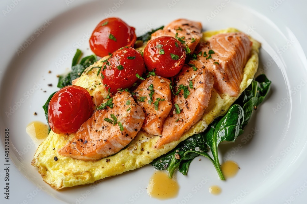 Pan-seared salmon atop a fluffy omelet with roasted cherry tomatoes and spinach Pan-seared salmon atop a fluffy omelet with roasted cherry tomatoes and spinach