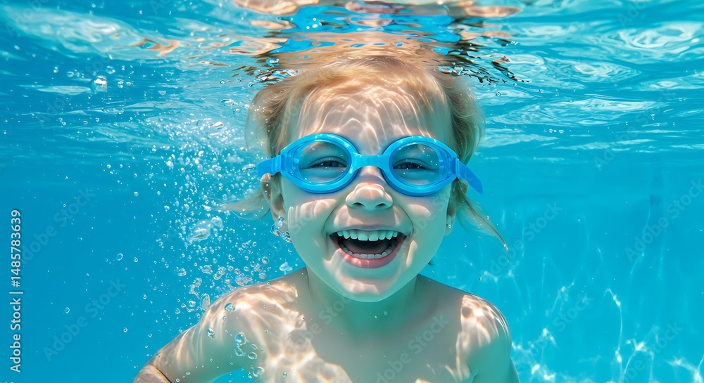 Naklejka premium Girl with goggles smiles underwater