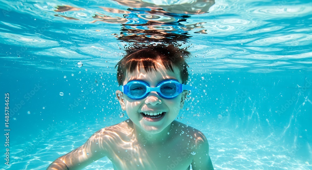 Naklejka premium Boy swims underwater with goggles