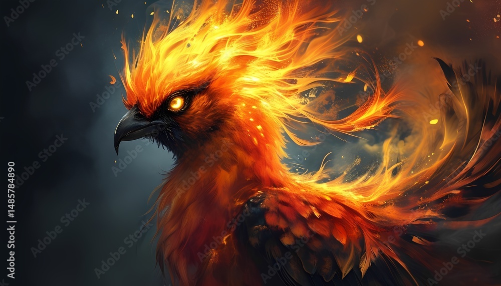 Fototapeta premium A powerful depiction of a phoenix with vibrant orange and yellow flames erupting from its body as it appears to be rising.
