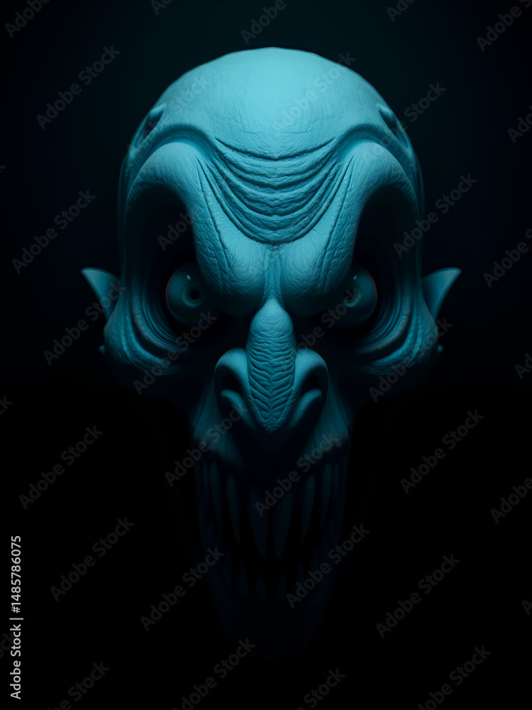 Naklejka premium Exaggerated Nightmarish Face with Ominous Chiaroscuro Lighting in 3D Render