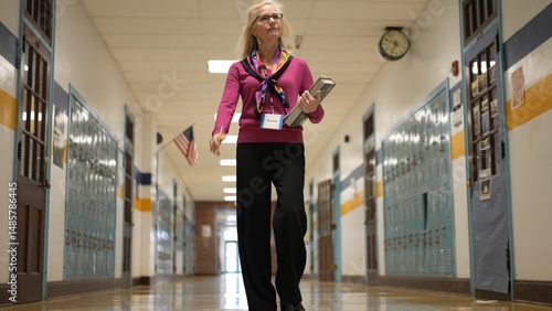 A mature woman teacher dressed professionally walks confidently down a school corridor, carrying books. The hall features colorful lockers and an American flag.
