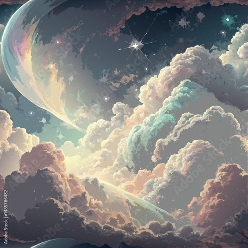 *Seamless ethereal clouds background with iridescent splashes, evoking dreamy cosmic wonder for World UFO Day celebrations*  