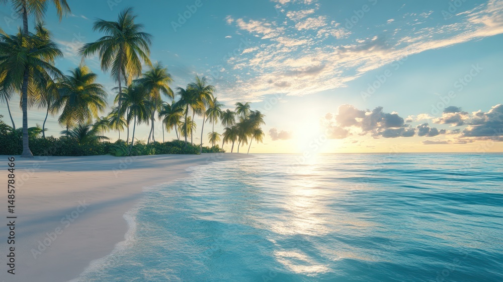 Fototapeta premium Tropical beach sunset paradise, tranquil scene, perfect vacation destination, ideal for travel brochures, calendars, or posters
