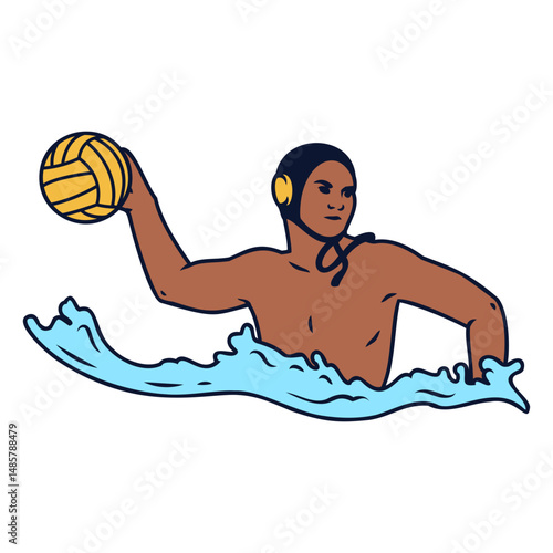 Right handed waterpolo player with ball color stroke