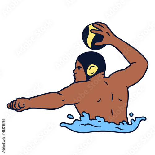 Right handed waterpolo player throwing ball color stroke