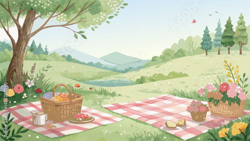 *Watercolor picnic scene with soft green landscapes, checkered blankets and floral accents, evoking family unity and warmth with copy space*