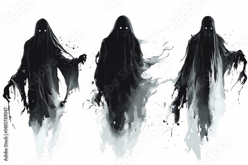 Three dark figures with glowing eyes isolated